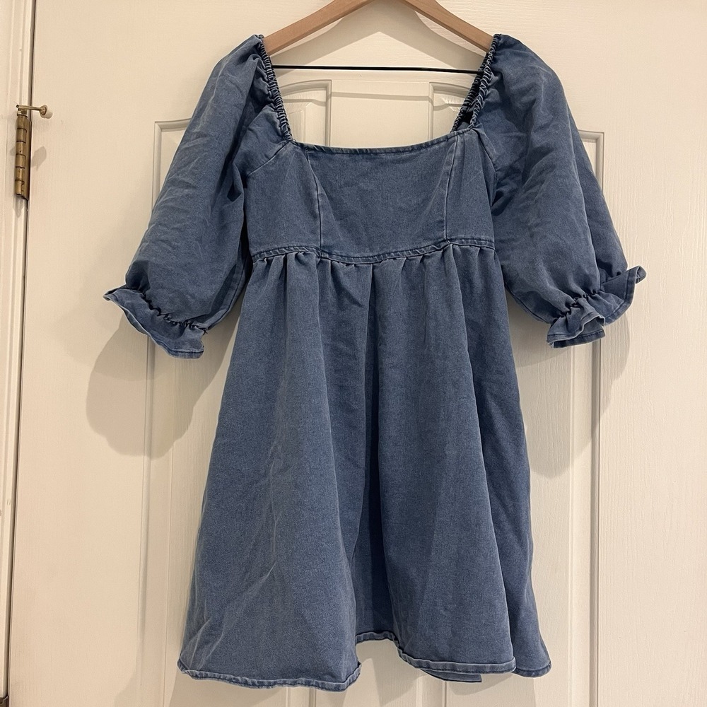 Mini Denim Smock Babydoll Cottagecore Coastal Cowgirl Boho Parisian Chic Dress S